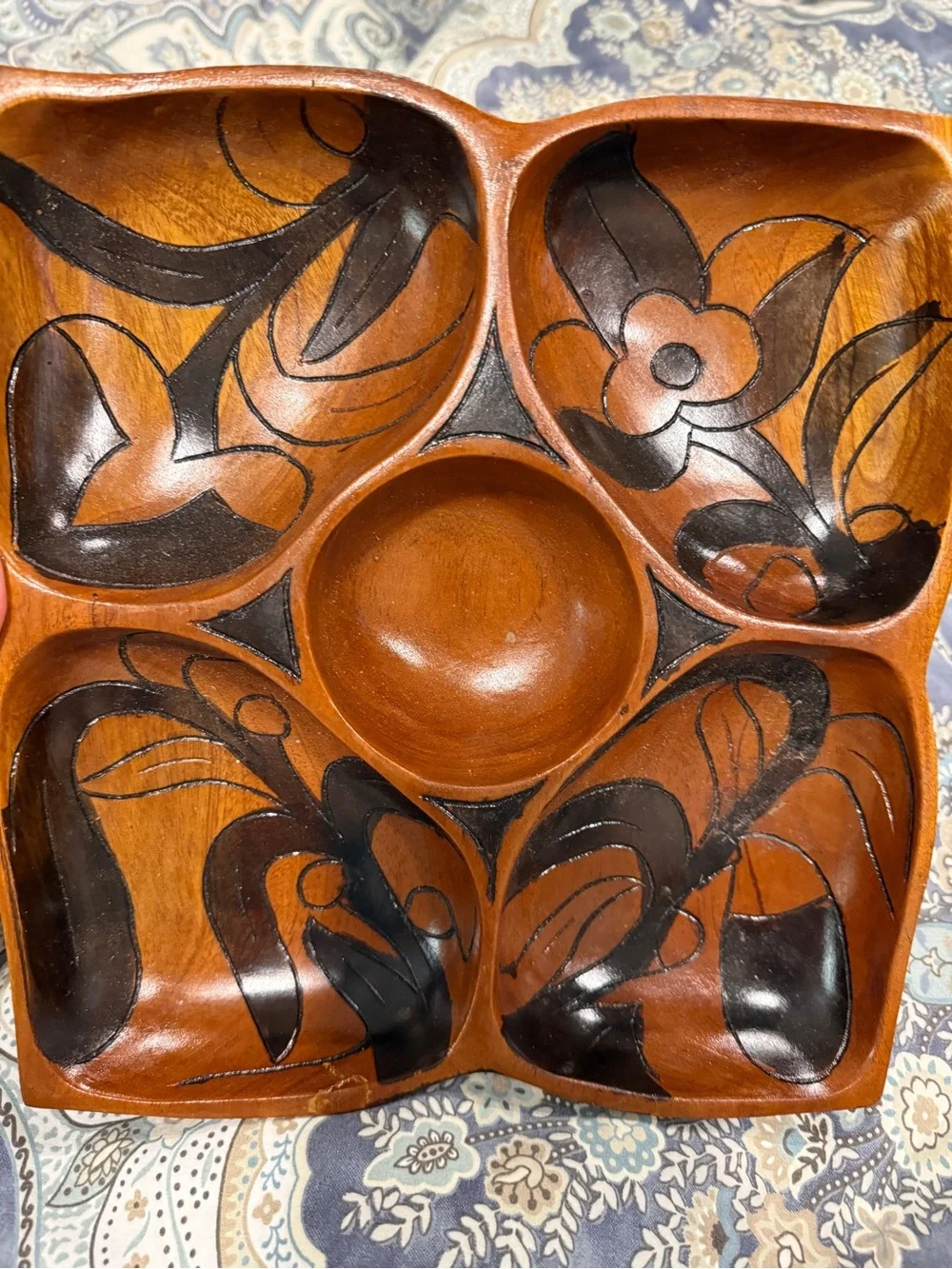 Vintage Hand Carved Painted Wooden Serving Snack Platter/Tray boho chic